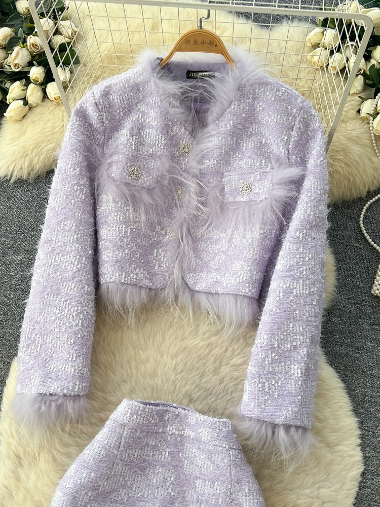 Französische Mode, elegantes 2-teiliges Set für Damen, schlank, glänzend, kurze Pailletten-Baumwolljacke + Rock mit hoher Taille, weiches weißes, schickes Luxus-Outfit