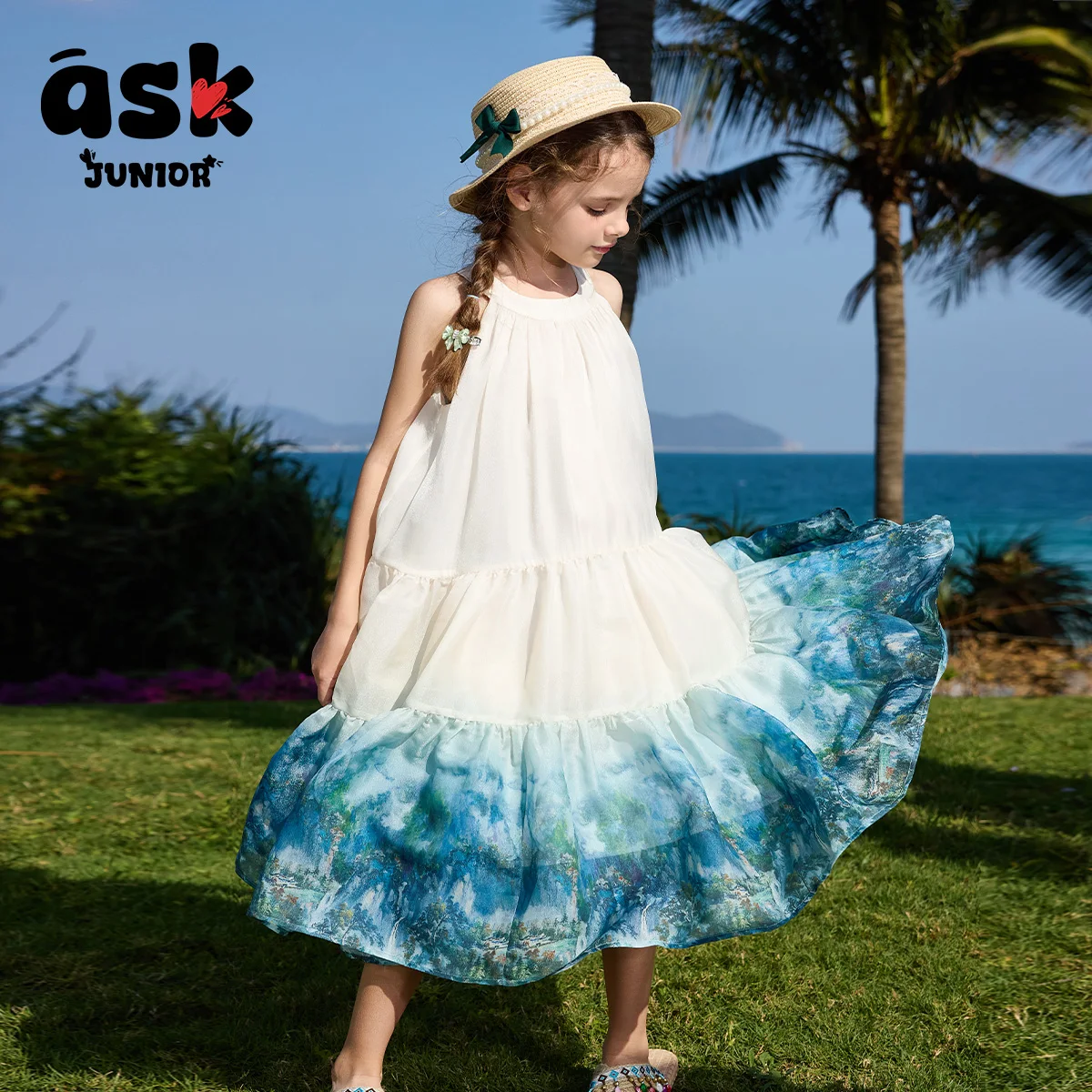 فستان بناتي صيفي برقبة دائرية وطبعة حبر لطخة #5