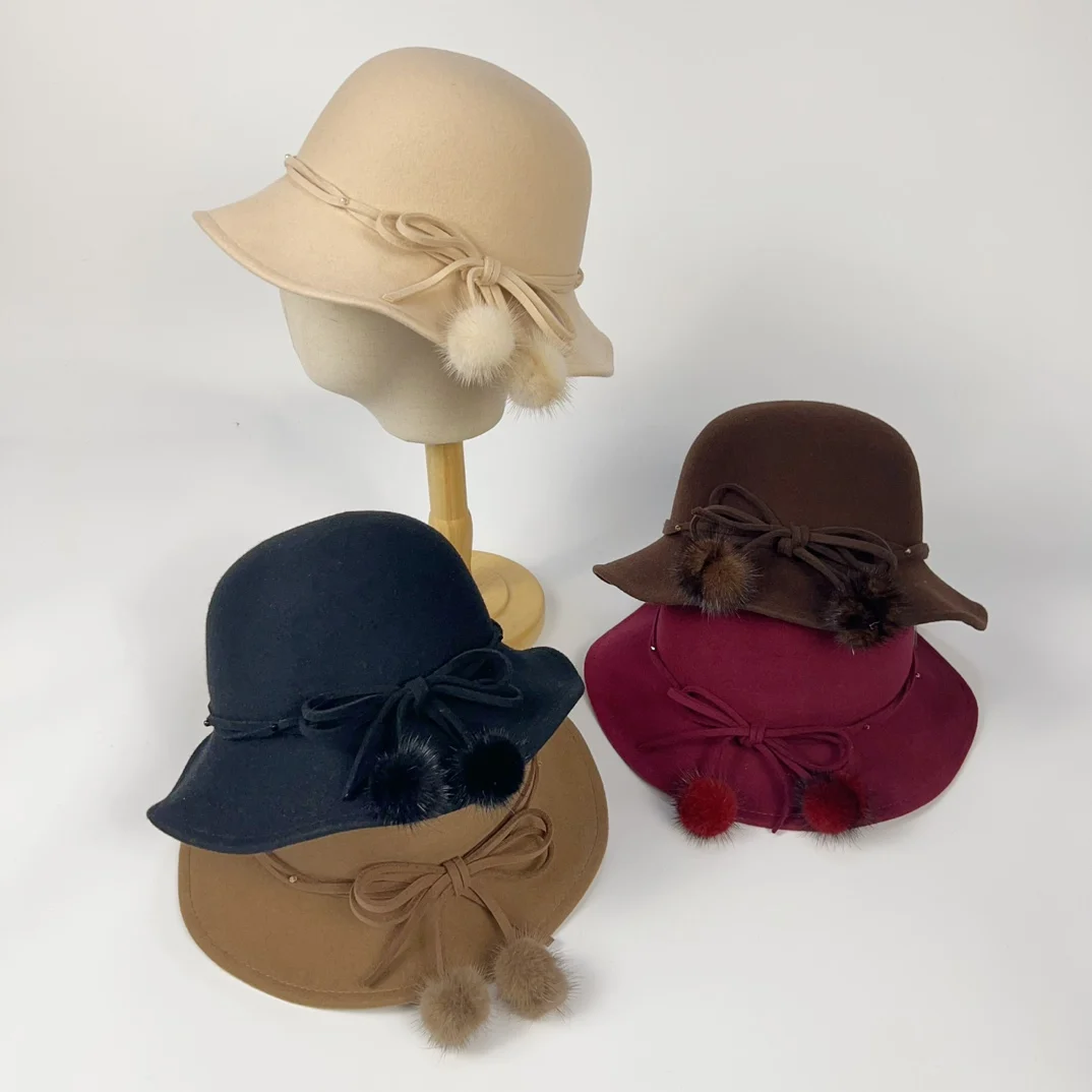 暖かいウールニットフィッシャーマンハット、蝶ネクタイ付き、女性用、多用途、秋冬、ファッショナブルなレディースハット、つば広、丸いトップ