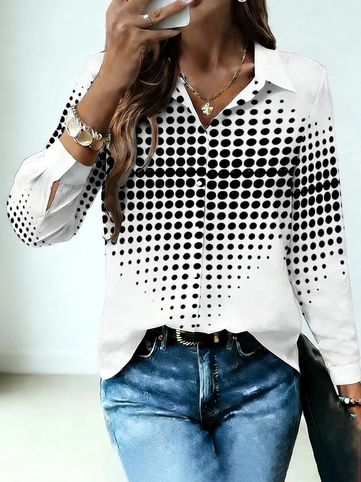 Retro Polka Dot Women Long Sleeve Shirt White Base Center Gradient Thick Black Dot Print Lapel Button Down Daily Office Blouse