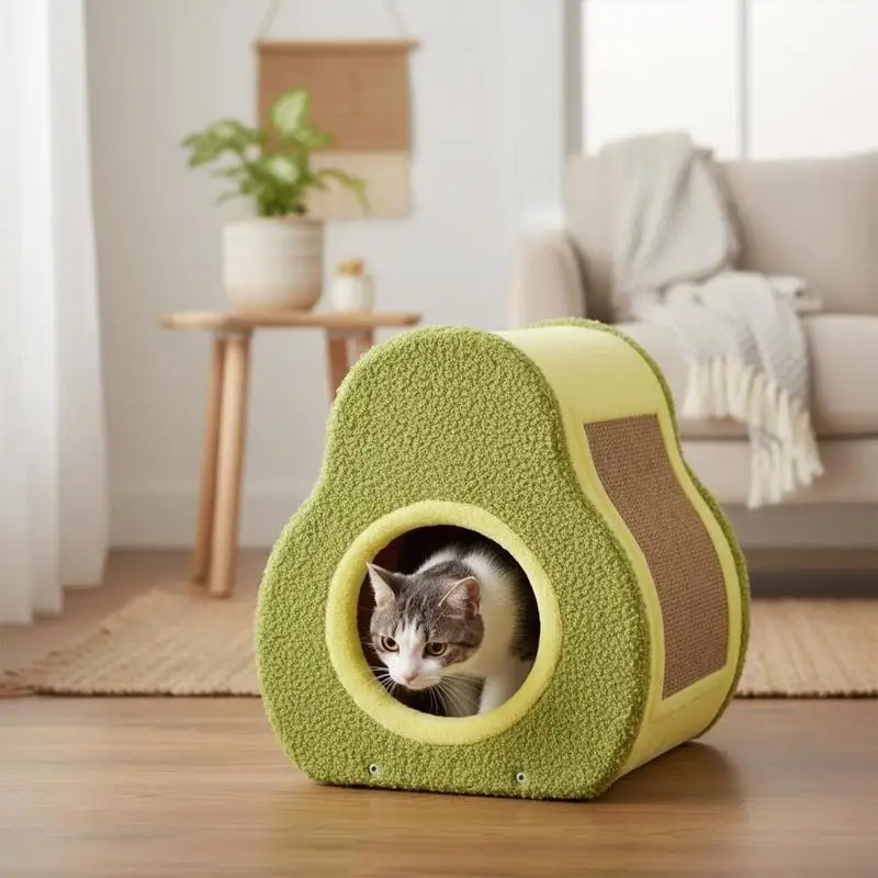 Maison pour chat en forme d'avocat vert, abri mignon avec griffoir en jute, trou rond pour chat, condo compact 35x33x40cm