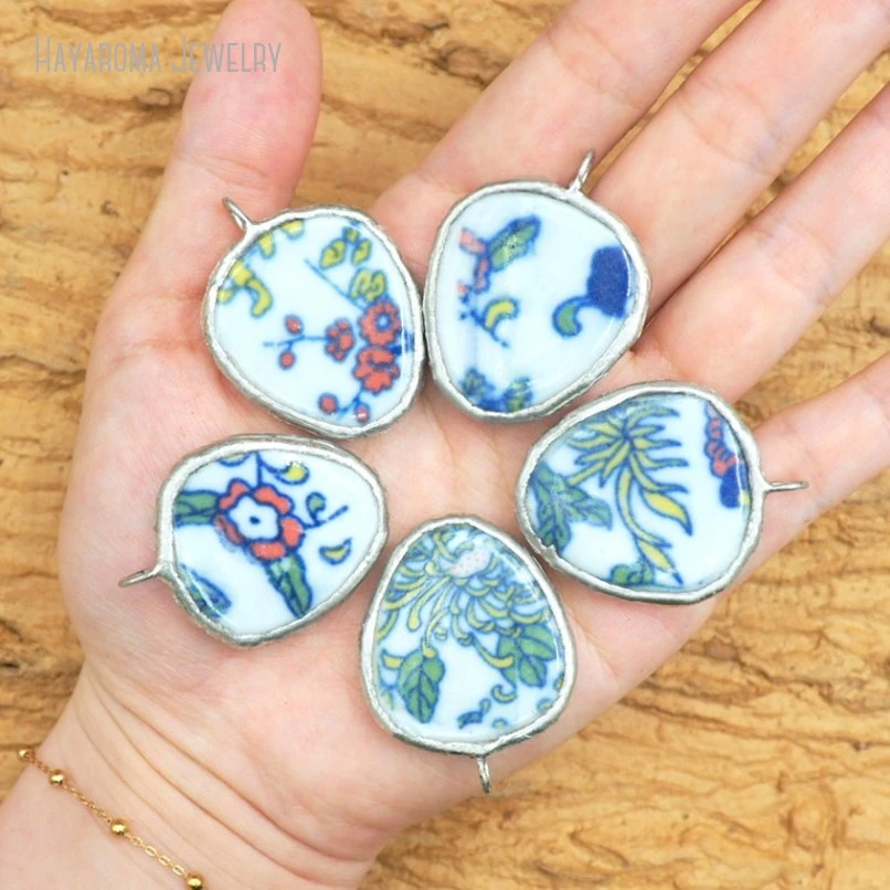 10Pcs Wholesale Geometric Free Form Jewelry Handmade Ceramic Tin Alloy Soldered Pendant PM50663