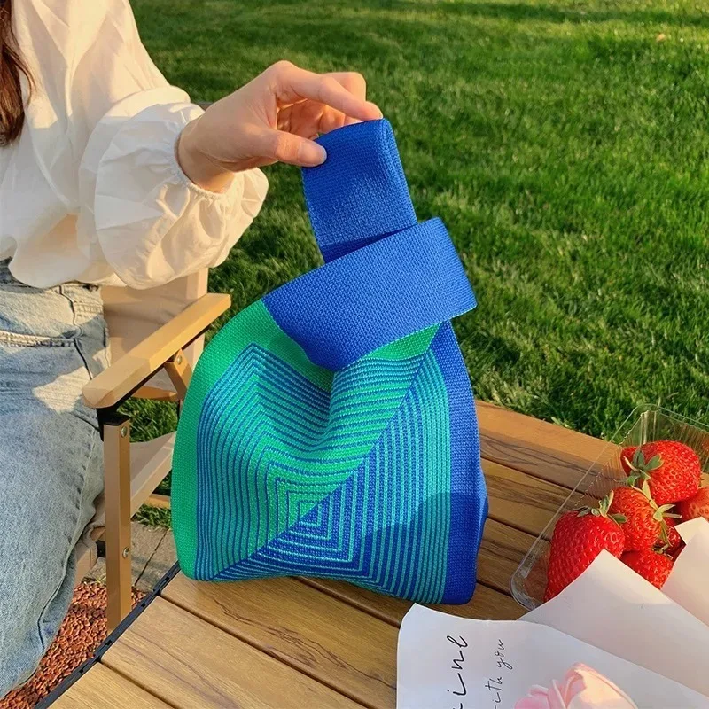Knitted Candy Gift Bag Simple Ins Style Blue Woven Handheld Tote Multifunction Souvenir Packaging Party Favor Supplies