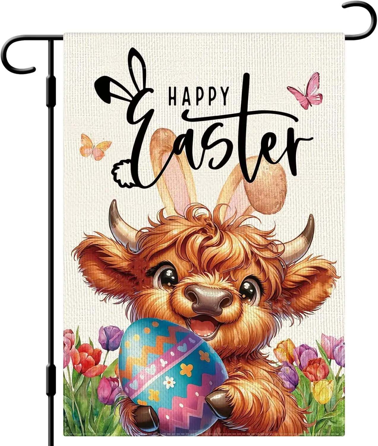 DLZDN Happy Easter Highland Cow Bunny Garden Flag 12×18 Inch Double Side Vertical Burlap Farmhouse Yard Sign Spring Holiday  WWP