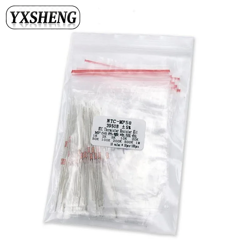 100PCS-10Values NTC Thermal Resistor KIT MF58 3950 B 5% 1K 2K 5K 10K 20K 50K 100K 200K 500K 1M Ohm Thermistor Sensor