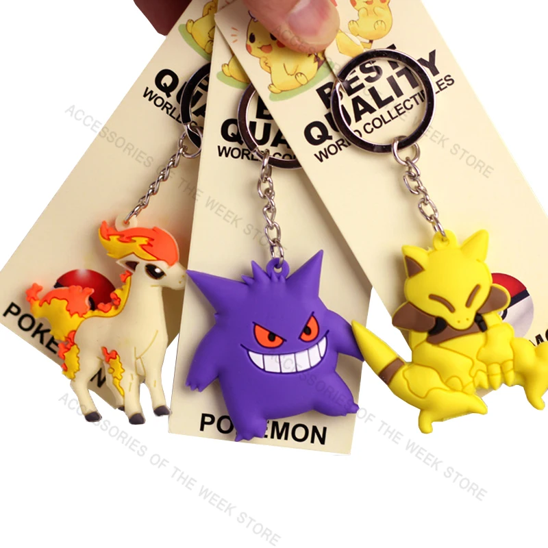 Pokemon Pikachu Anime Key Chain Abra Gengar Porygon Alloy Silicone Keychain Accessories Pendant Bag Key Ring Birthday Gifts