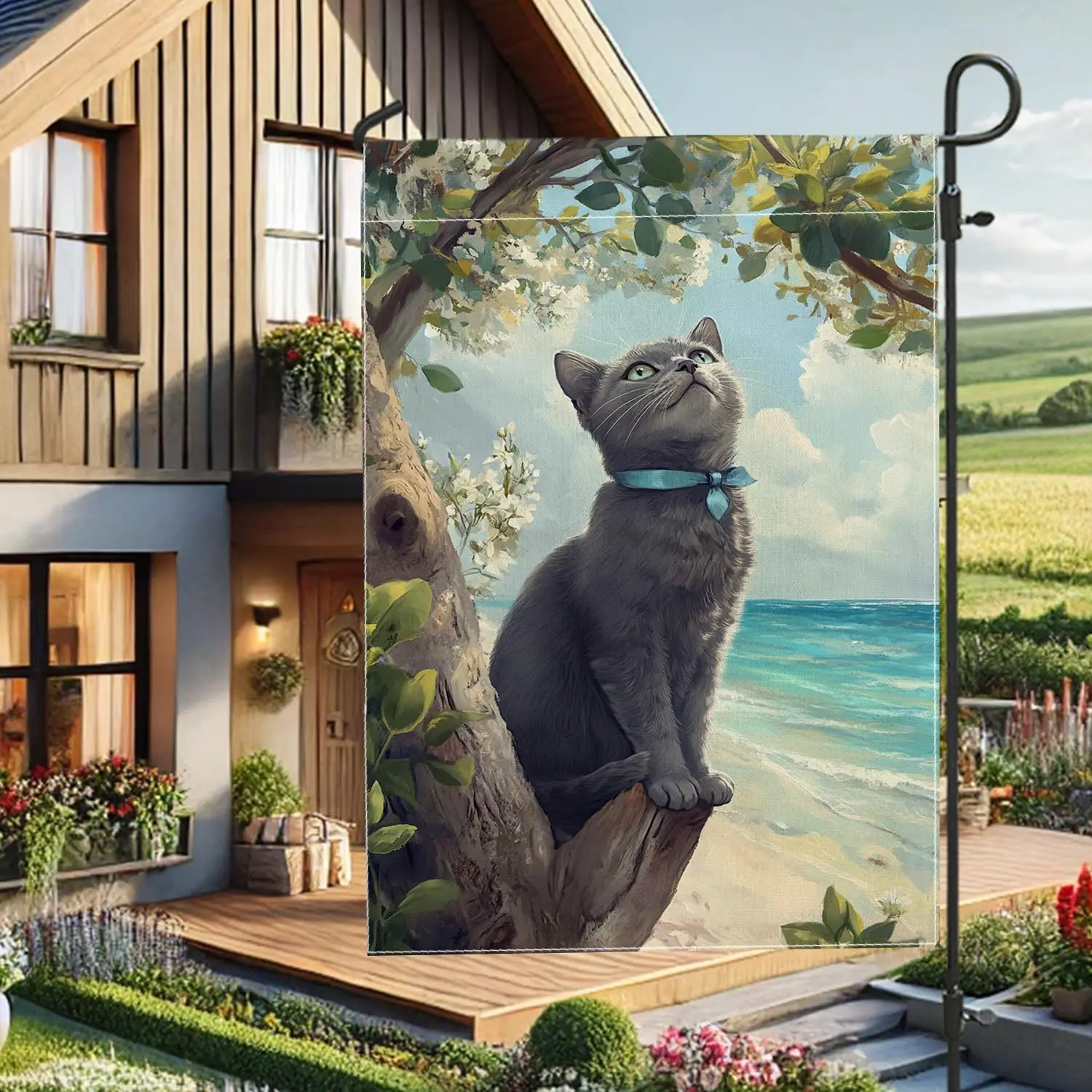 Summer Gray Cat Garden Flag, Ribbons Feline Wall Decor Outdoor Banner, Double Sided Burlap Yard Flag Beach Home Decoration 1 PPZ