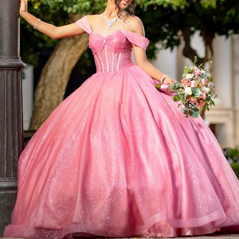 

Розовые блестящие платья Quinceanera с открытыми плечами и бусинами с бантом, тюлевое платье для вечеринки, дня рождения, сладкое платье 16, Vestidos 15 De Anos