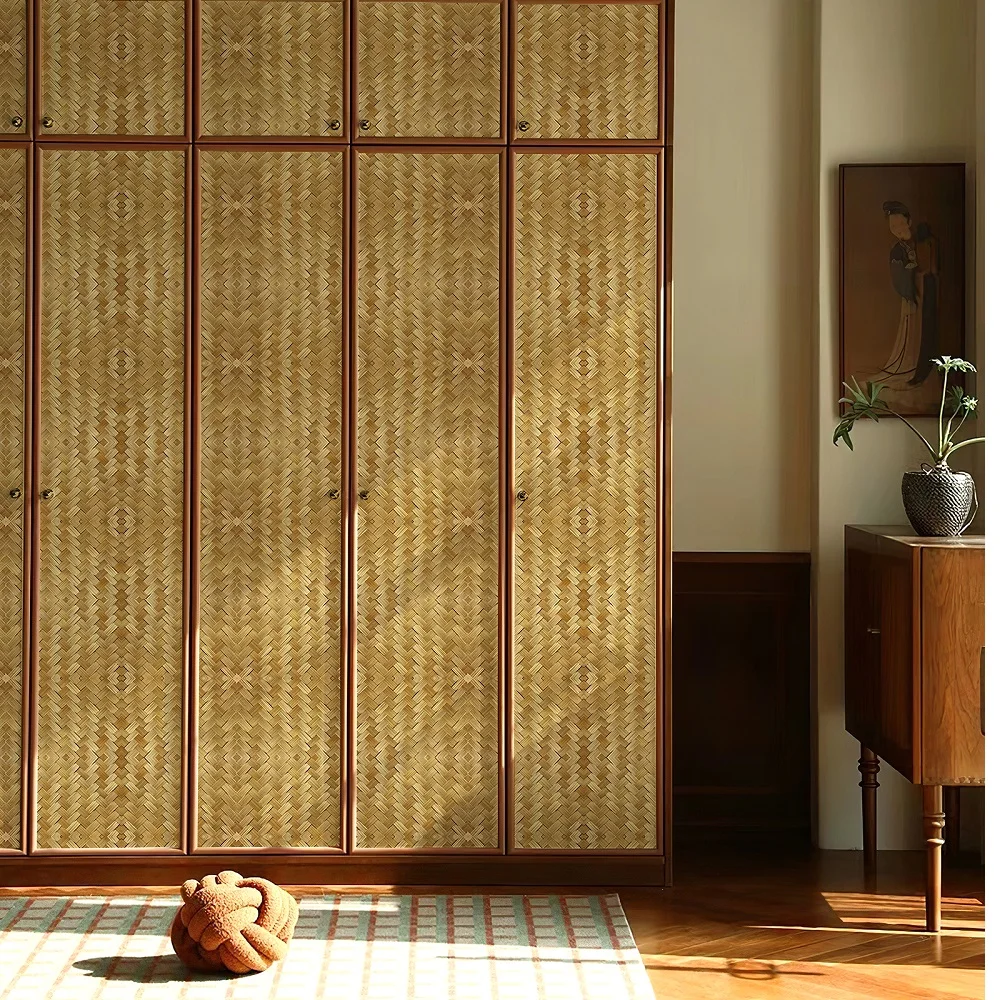 الروطان نسج الملمس ذاتية اللصق خلفيات مقاومة للماء لخزانة ديكور المنزل البلاستيكية القابلة للإزالة قشر وعصا الجدار ملصق