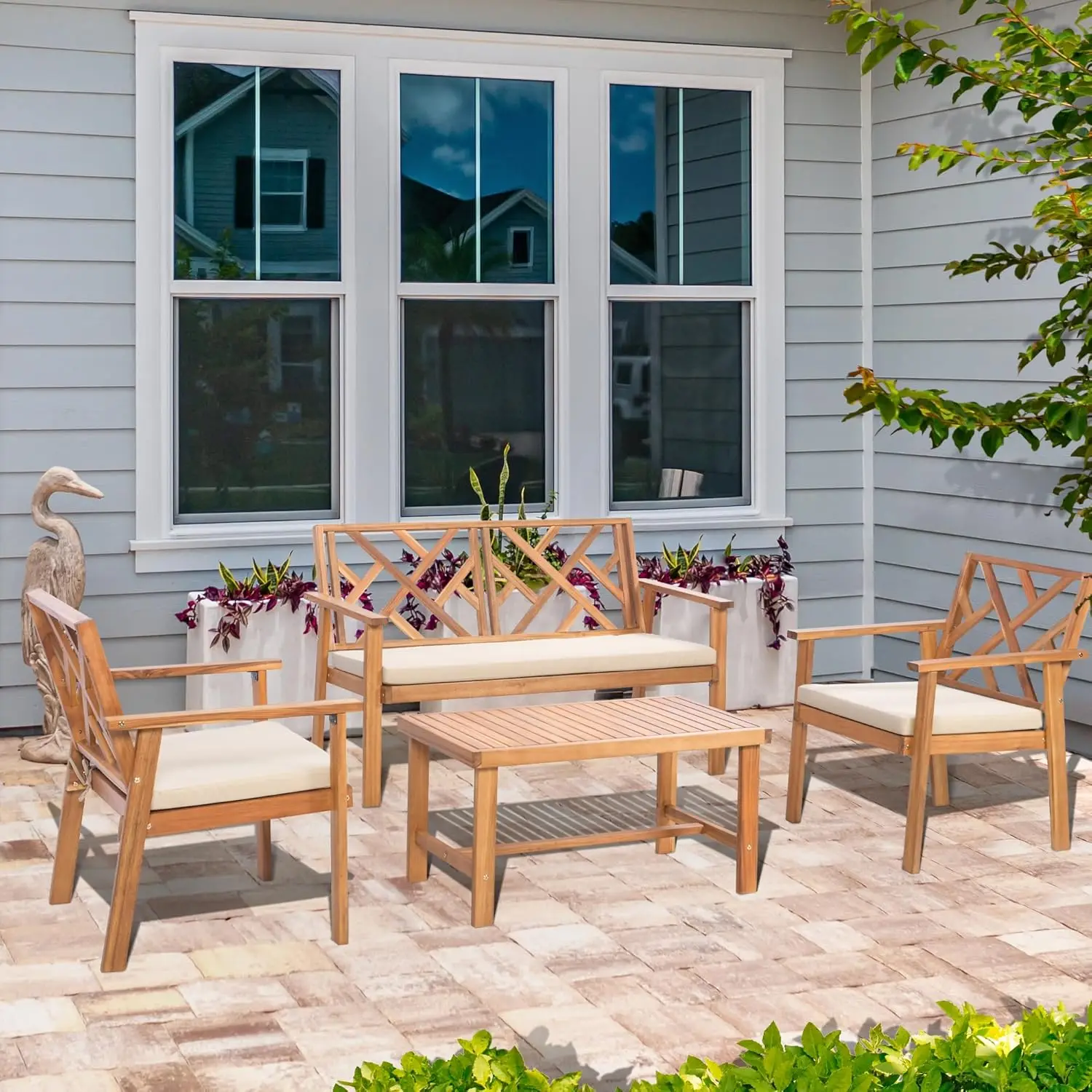 

Outdoor Patio Furniture Set, 4 Piece Patio Sofa Bench and 2 Single Sofa Chairs with Table & Padded Cushions, Acacia Wood Outdoor