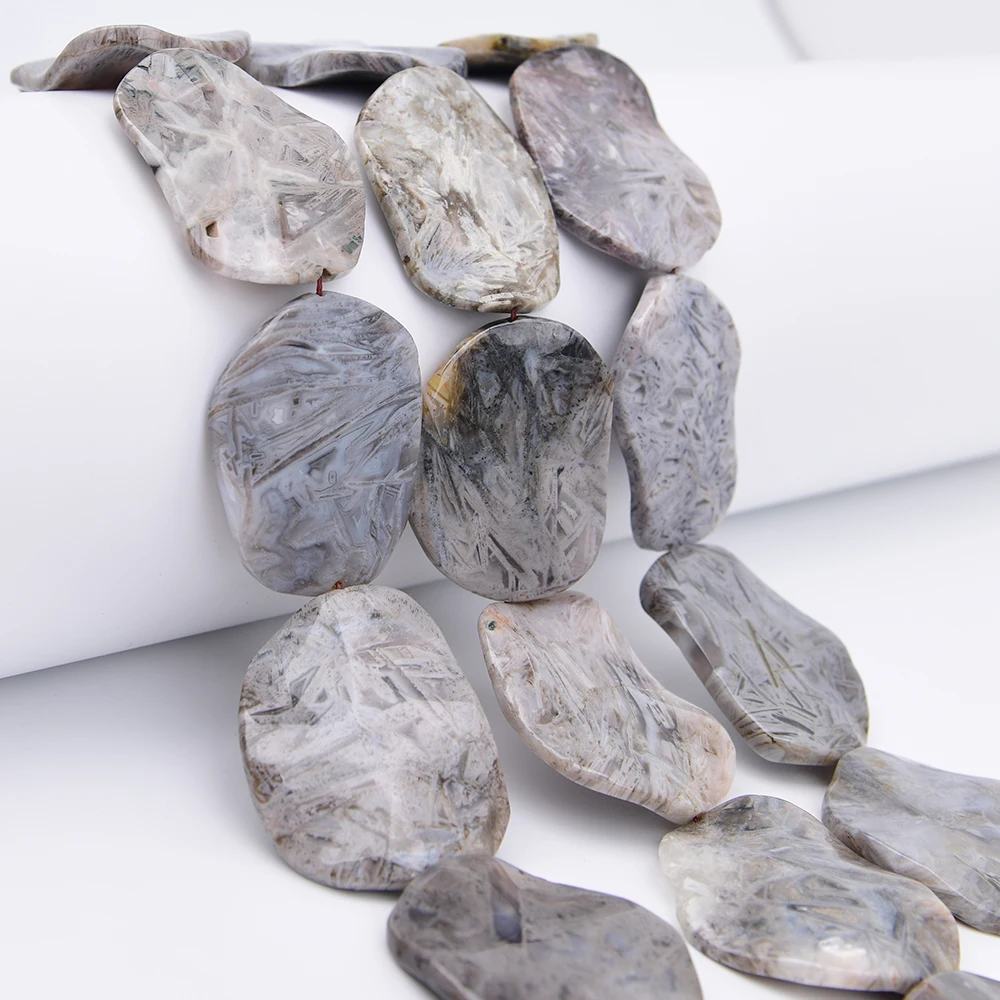 APDGG Huge 40x50mm Natural Bamboo Leaf Agate Stone Oval Wavy Chunky Loose Beads 15.5'' Strand Jewelry Making DIY