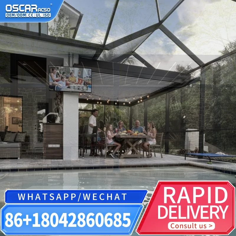 Motorised Outdoor Sunshade with Modern Aluminium Louvre Roof Bioclimatic Pergola for Gardens Patios Backyards  pergola