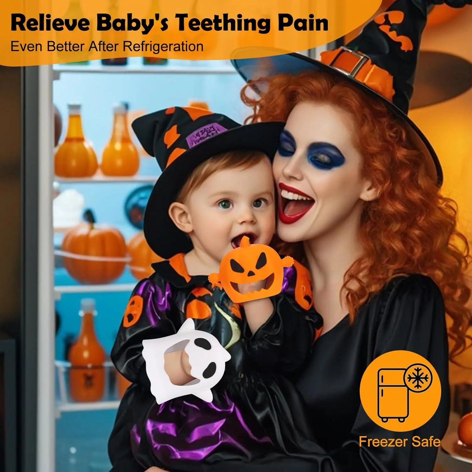 2-Pack Halloween Baby Teething Mittens – Silicone Pumpkin & Ghost Teethers for Infants & Toddlers