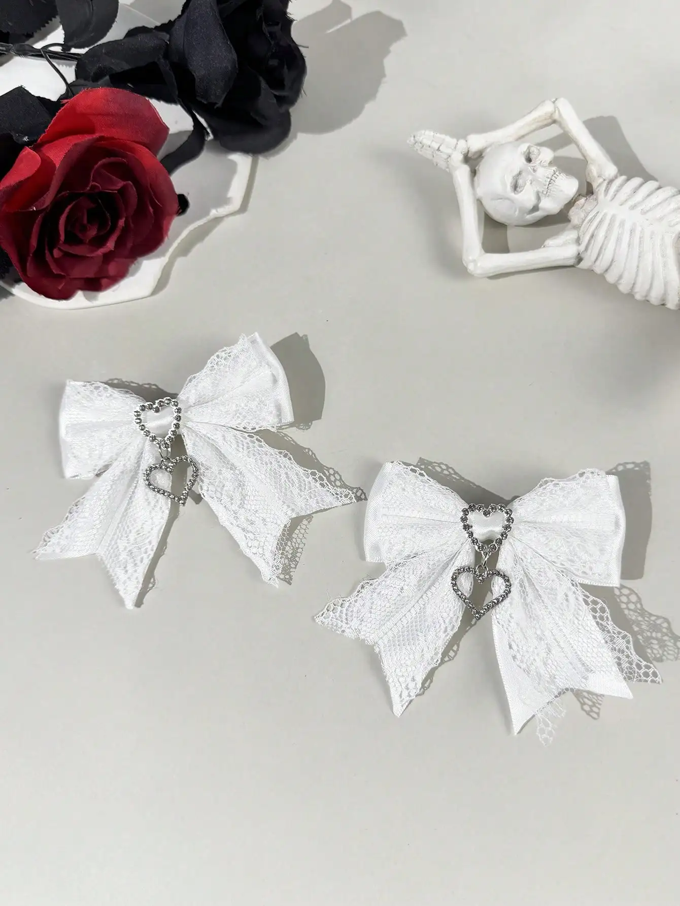 Two-piece set of women's street-style youthful sweet-cool lace ribbon rhinestone accessory bow hair clip, suitable for any scene - view 3