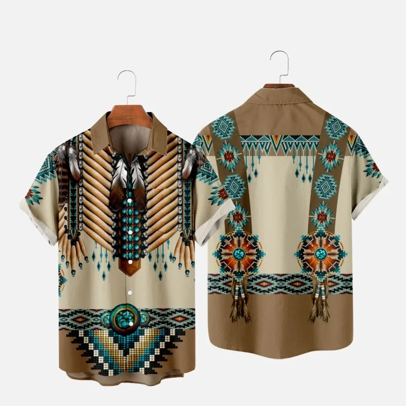 

Men's Fashion Summer T-Shirts Hawaiian Indians 3d Print Cozy Casual One Button Shirts Short Sleeve Beach Oversized Shirts 14