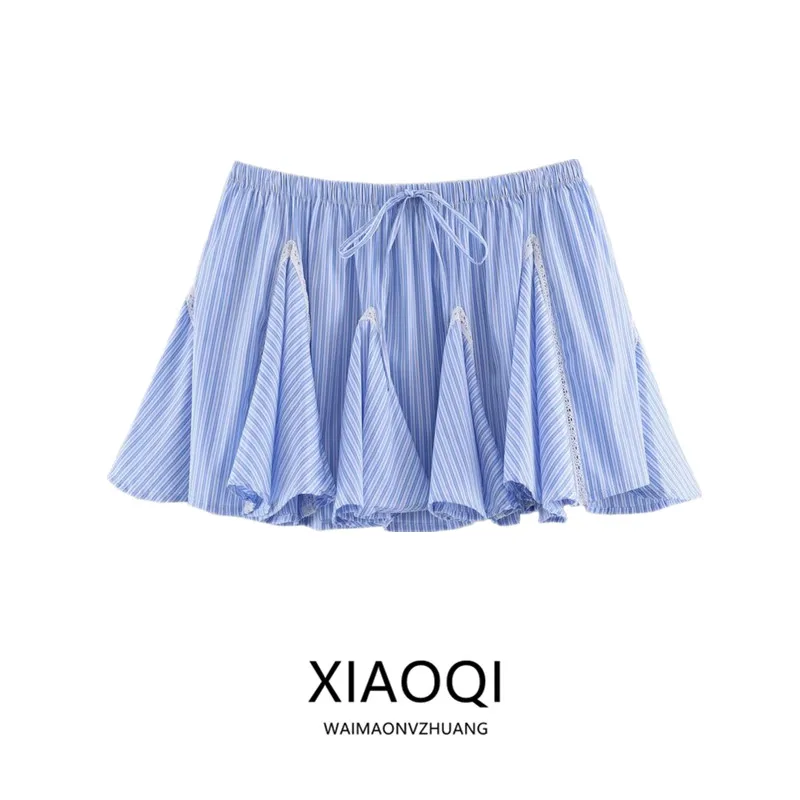 Early Autumn New Arrival Women's Fashion Mid-Waist Patchwork Stripe Versatile  Skirt Standard Fit Pleated Other Material