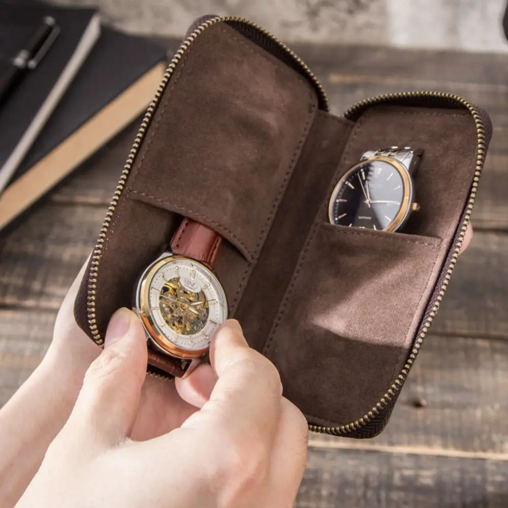Portable Genuine Leather Watch Pouch with Zipper Luxury Watch Storage Case 2 Slots Premium Vintage Watch Organizer Bag
