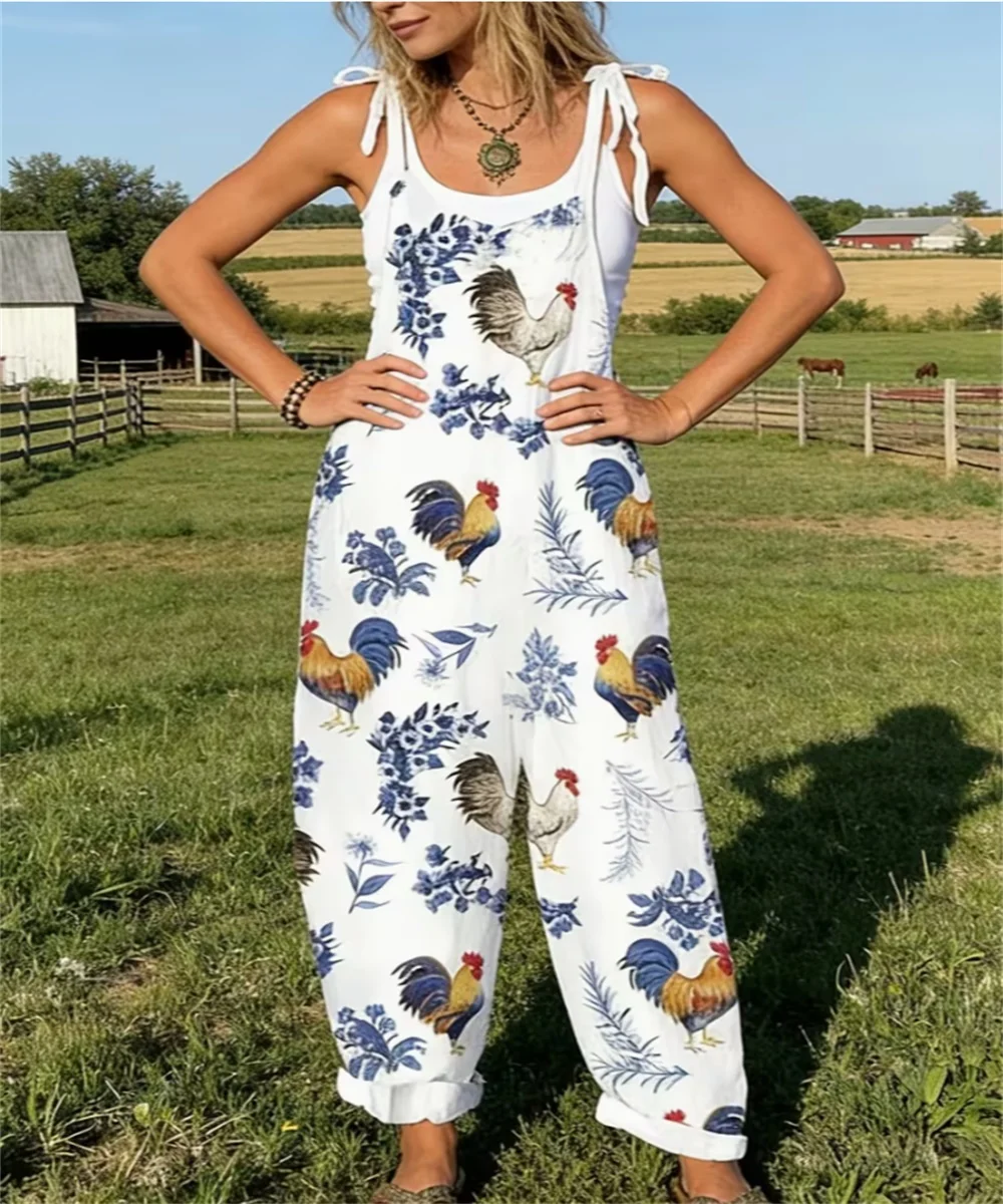 Ladies' New Bright Ginger Yellow and Black Cat Print Women's Comfortable Jumpsuit, off Shoulder Sleeveless Loose Jumpsuit