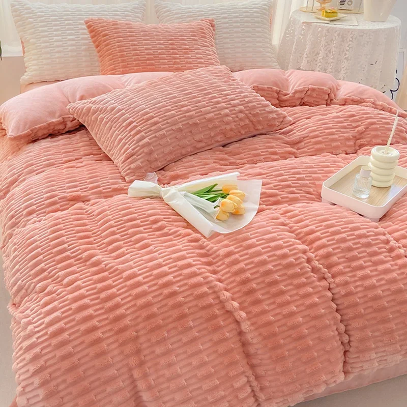 Solid Color Tortoise Velvet Bedding Set Autumn and Winter Thick Warm Rabbit Velvet Bedclothes Nordic Quilt Cover Kit with Sheet