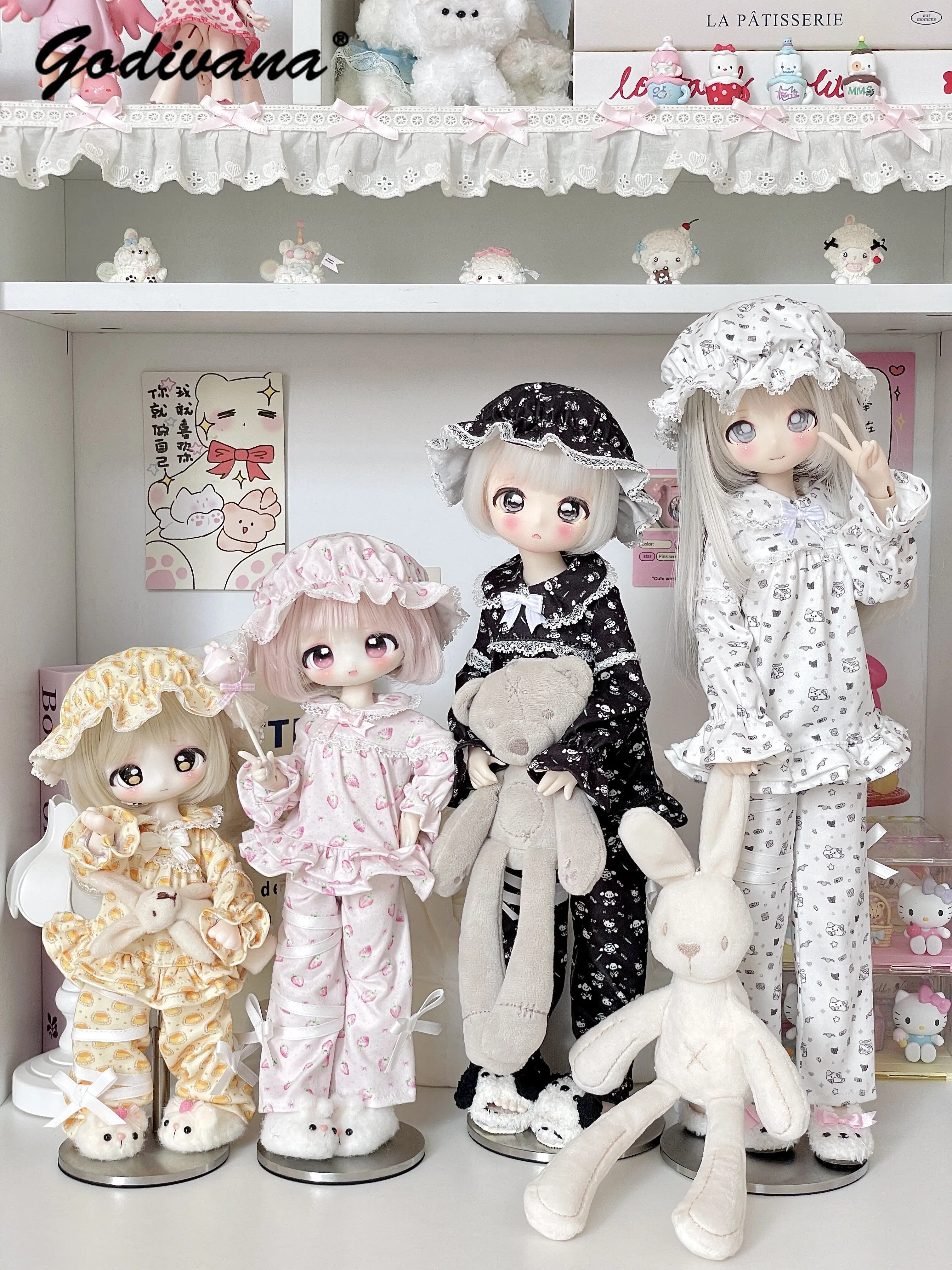Handmade Printed Lace Ruffle Trim Loungewear BJD Doll Clothes Top+pants+hat 3pcs Set Fit 1/4 BJD Normal 4 and Chubby 4 Body
