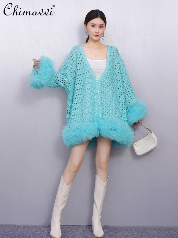 

Autumn New Women's Fashion Loose Oversized Hollow Mesh Jacket Fashion Sweet Girl Long Sleeve Elegant Women's Knitted Cardigan