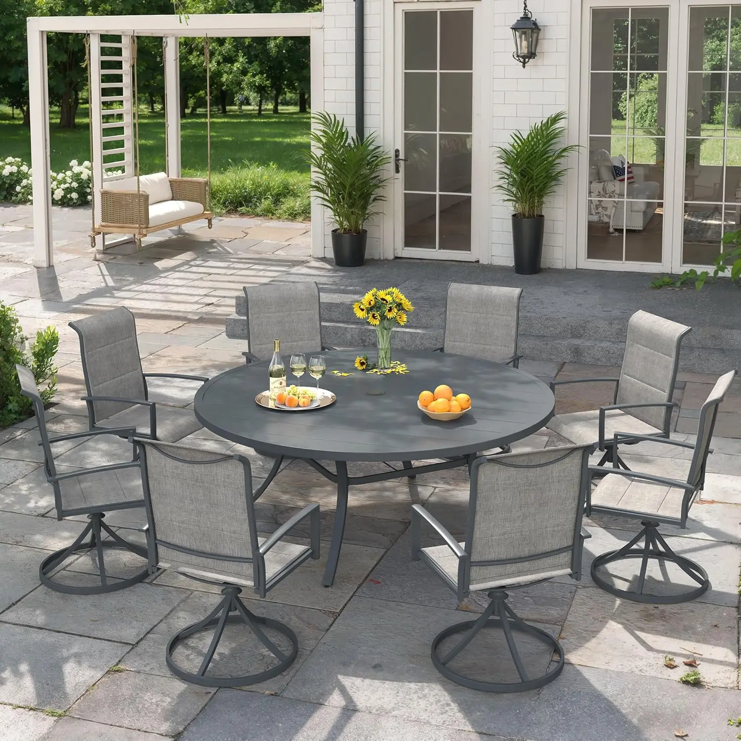 

Комплект для уличной обеденной зоны из 9 предметов: круглый металлический стол с отверстием для зонта, 8 мягких поворотных стульев из текстилена для патио и сада, на заказ