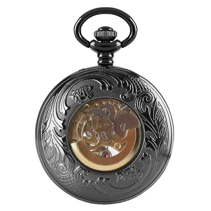 Steampunk Hollow Flower Cover Pocket Watch Mechanical Handwinding Clock Roman Numeral Dial with Pendant Chain for Men Women Gift