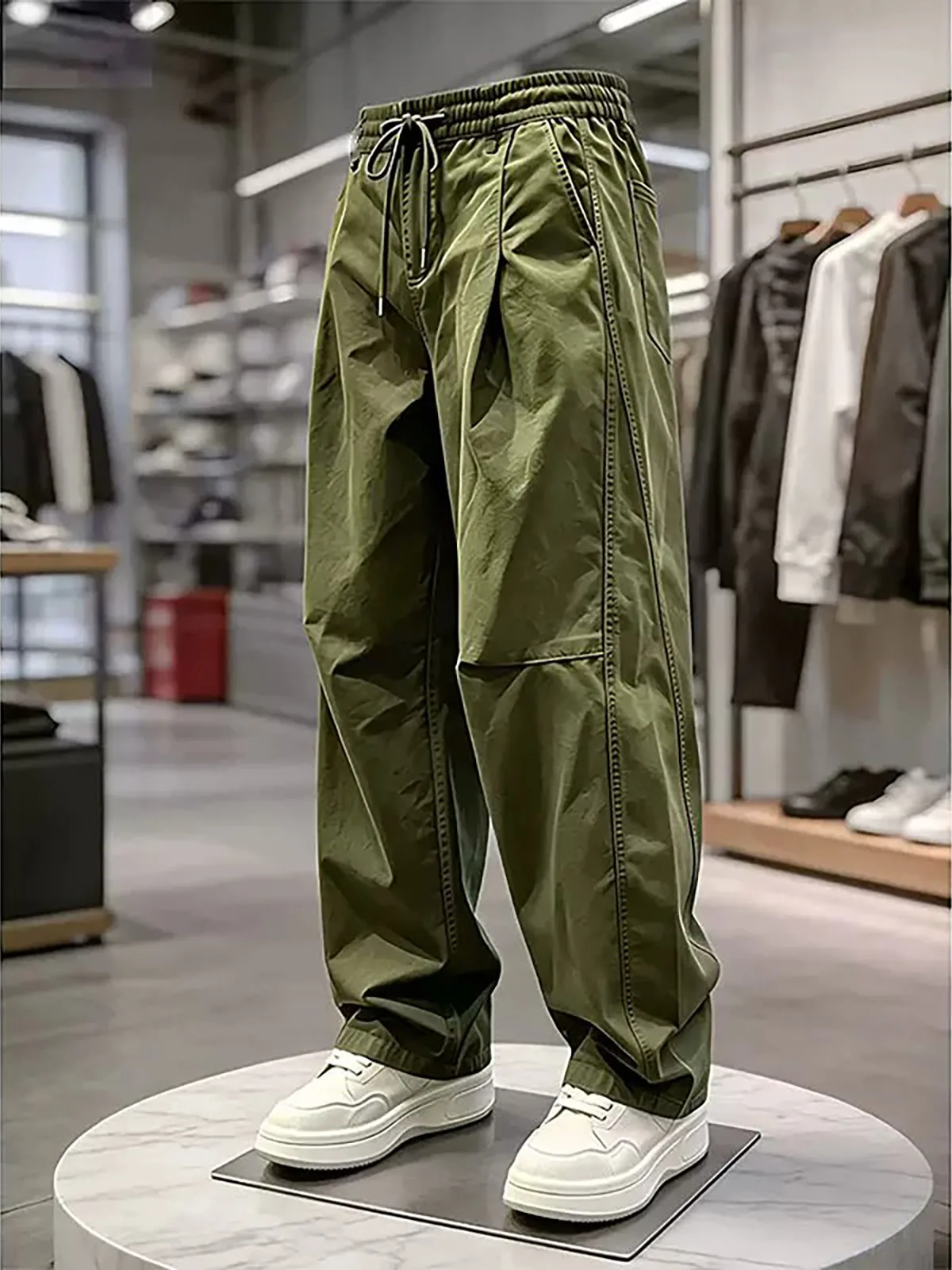 American Style Green Pleated Loose Wide Leg Workwear Pants for Men Casual Autumn Straight Cut Trousers Fashionable And Handsome