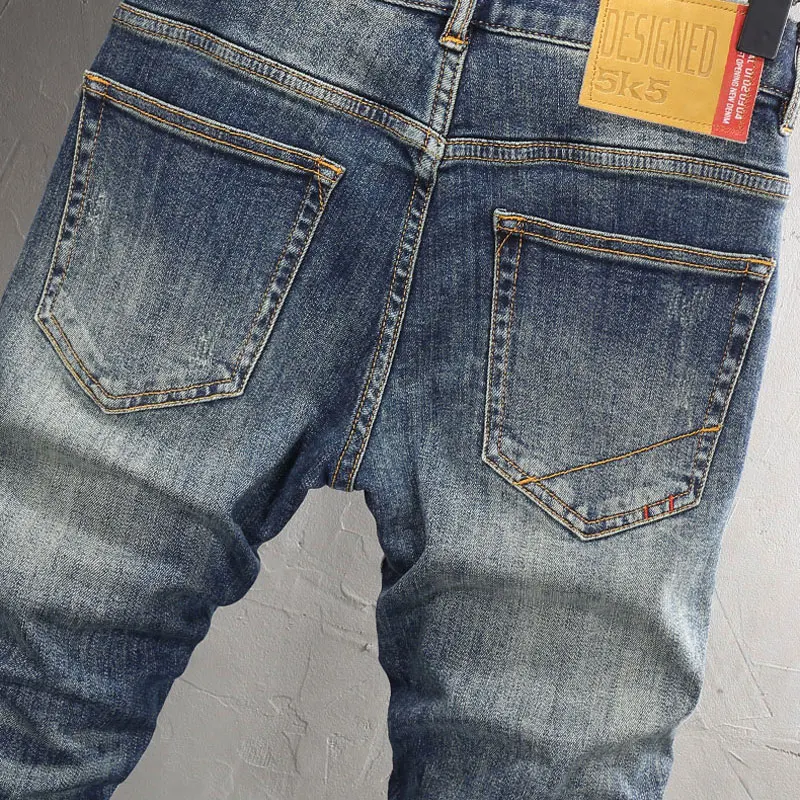 Newly Fashion Men Jeans High Quality Retro Washed Blue Stretch Slim Fit Vintage Jeans Men Embroidery Designer Casual Denim Pants