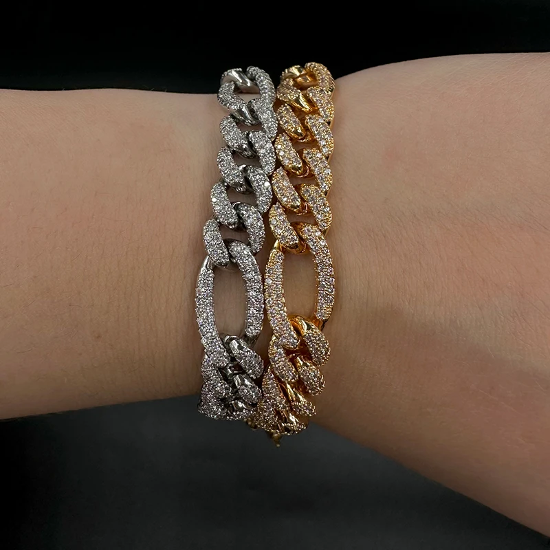 Aokaishen Iced Out Figaro Bracelet Prong Setting Real Gold Plated Hip Hop Jewelry