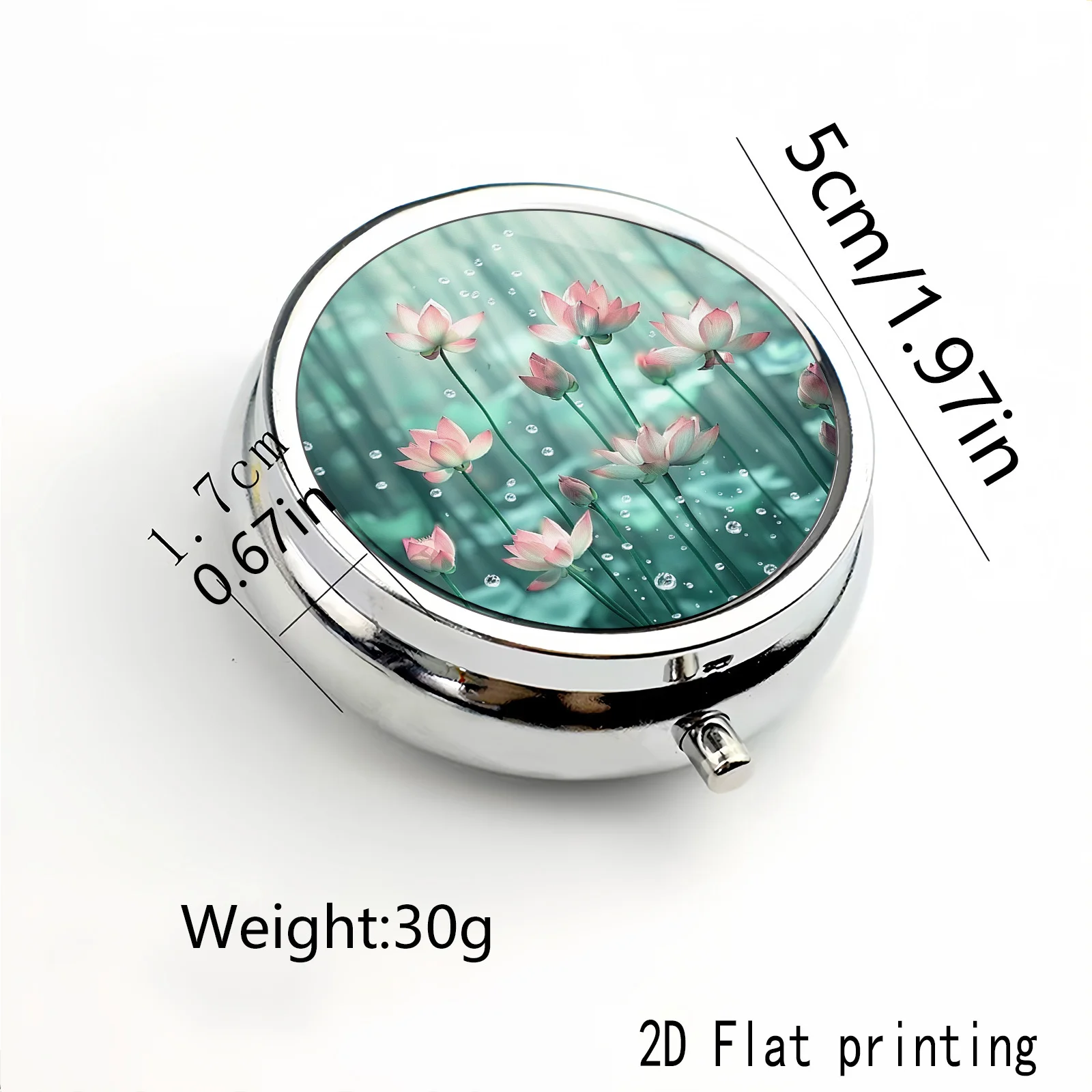 Pink Lotus Water Drop Pattern, Square and Round Two-Compartment Small Medicine Box, Portable Medicine Storage, Small Jewelry Storage, Suitable for Handbags and Travel, Elegant Design