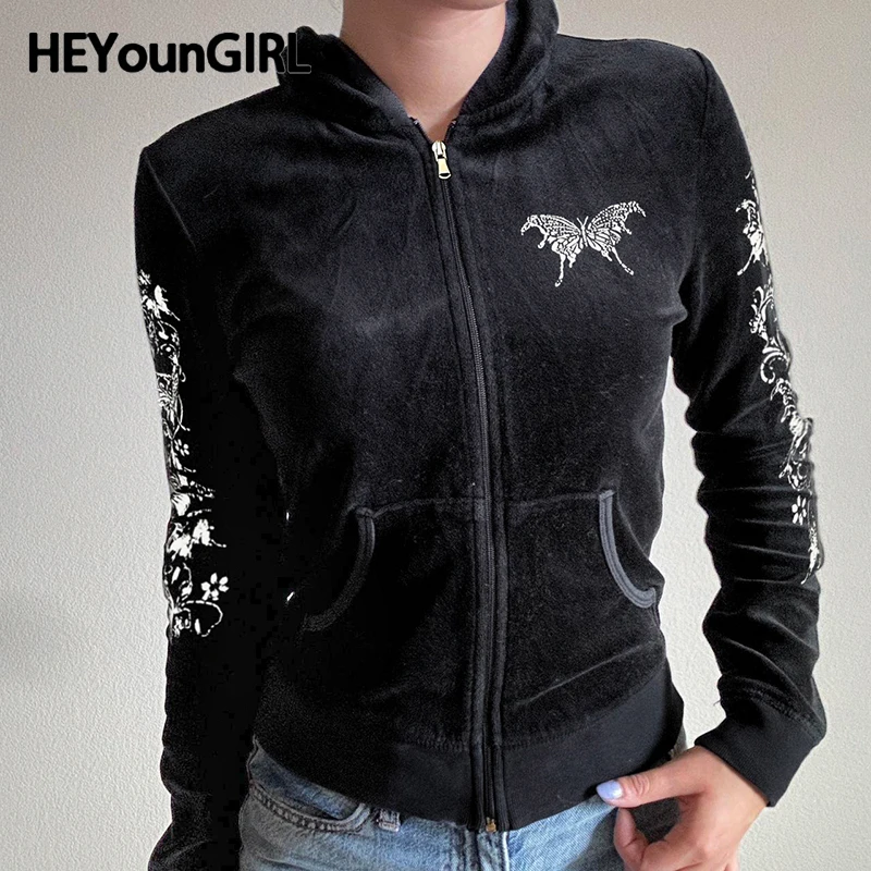 

HEYounGIRL Y2K Butterfly Print Hooded Jacket Aesthetic Long Sleeve Vintage Zipper Coat 2000s Fashion Autumn Streetwear Women