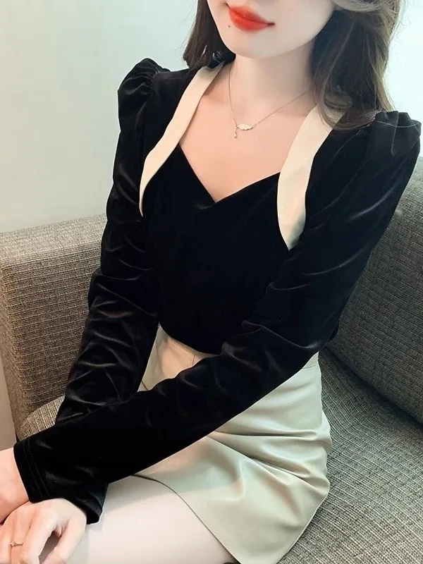 

Slim Fit Velvet Shirt Square Collar Fashionable Autumn Wear Versatile Elegant Sexy Top for Women French Style Long Sleeve