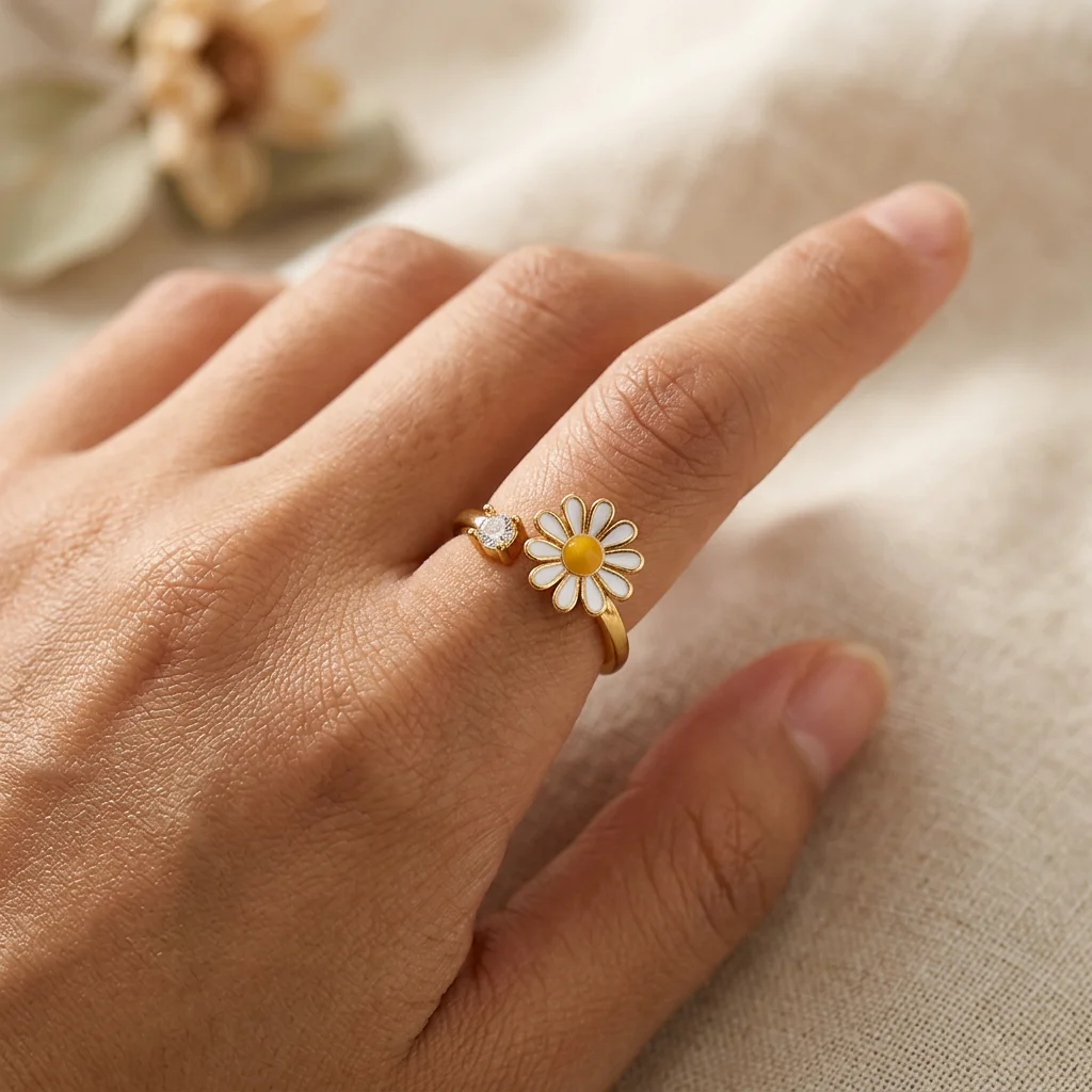 Vergoldeter Edelstahl-Fidget-Ring für Frauen, Anti-Stress, Angstlösend, Drehbarer Sonnen-Stern-Böser-Blick-Sonnenblumen-Spinner-Schmuck