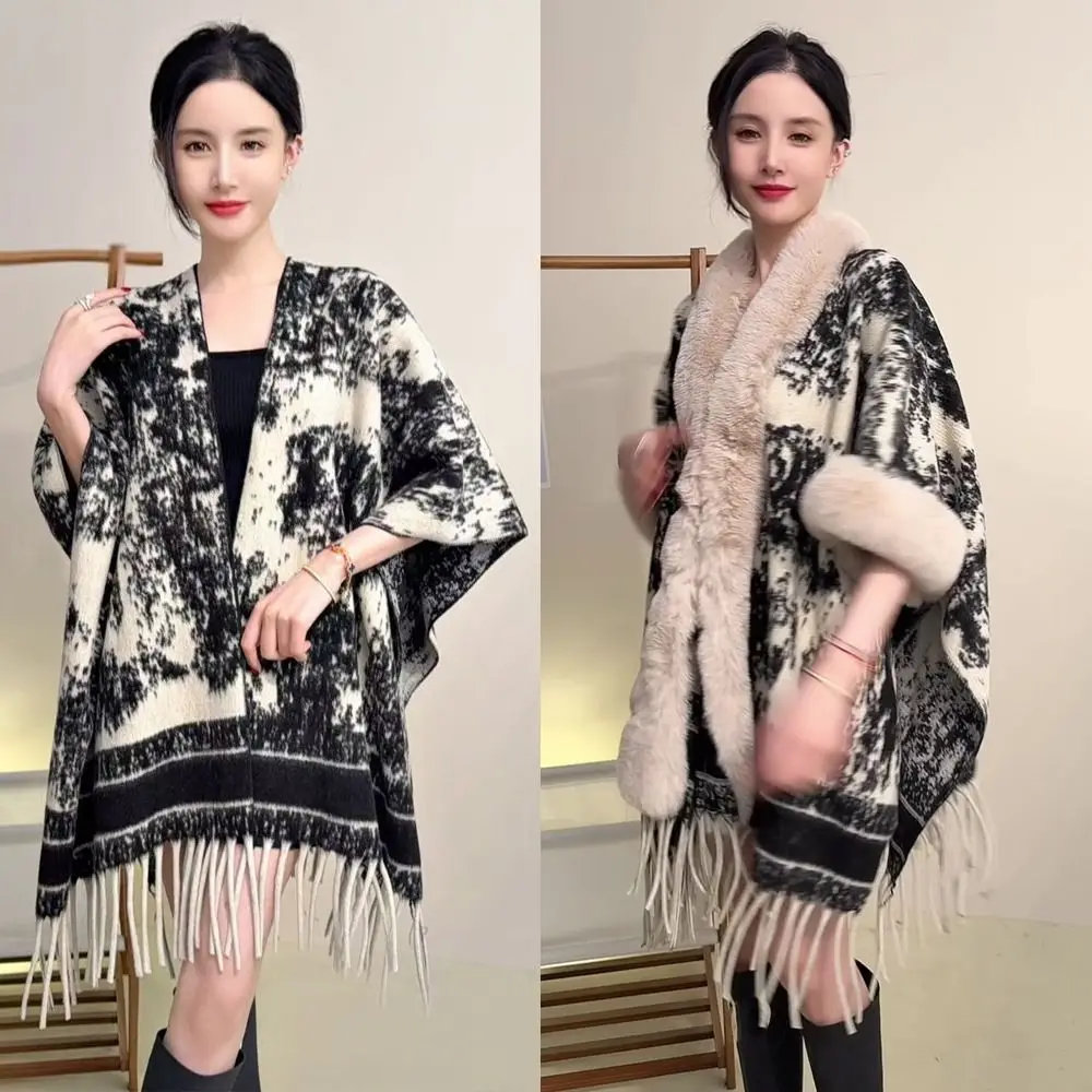 

Elegant Winter Warm Plush Shawl Thicken High-end Cardigan Cape Versatile Cloak Outer Women Fashion