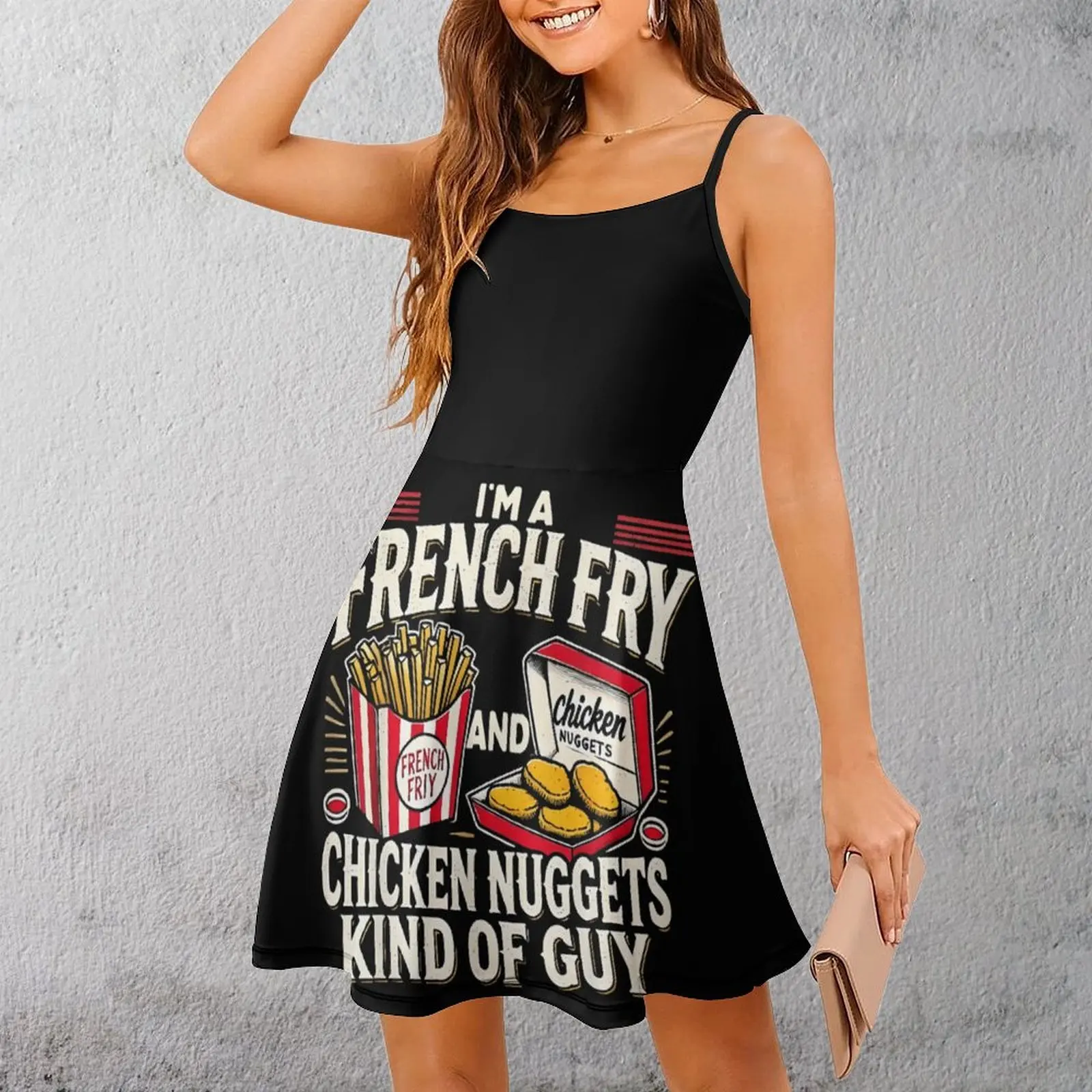 

Футболка с картофелем фри, куриными наггетсами, женское платье на бретельках, юмористические платья с графическим рисунком, Лидер продаж, экзотическое женское платье для отпуска