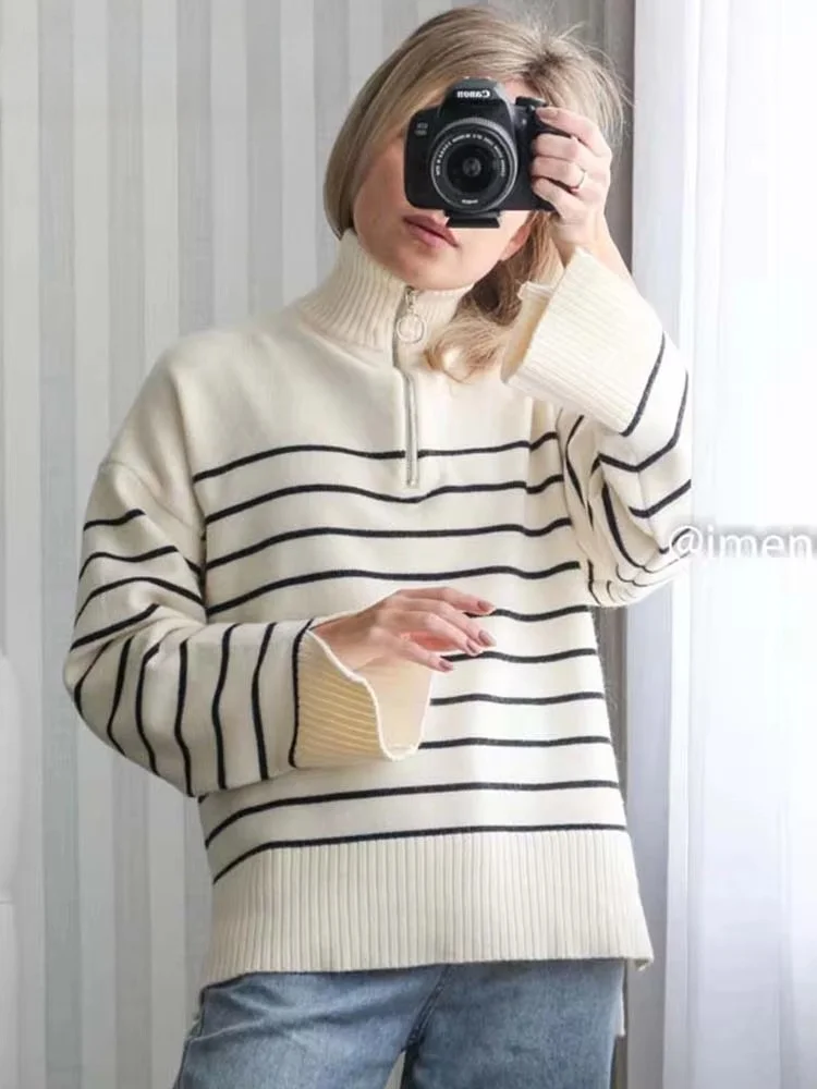 Women Fashion Loose Striped Asymmetry Knitted Sweaters Vintage Long Sleeve Zip-up Female Pullovers Chic Knitwear Tops