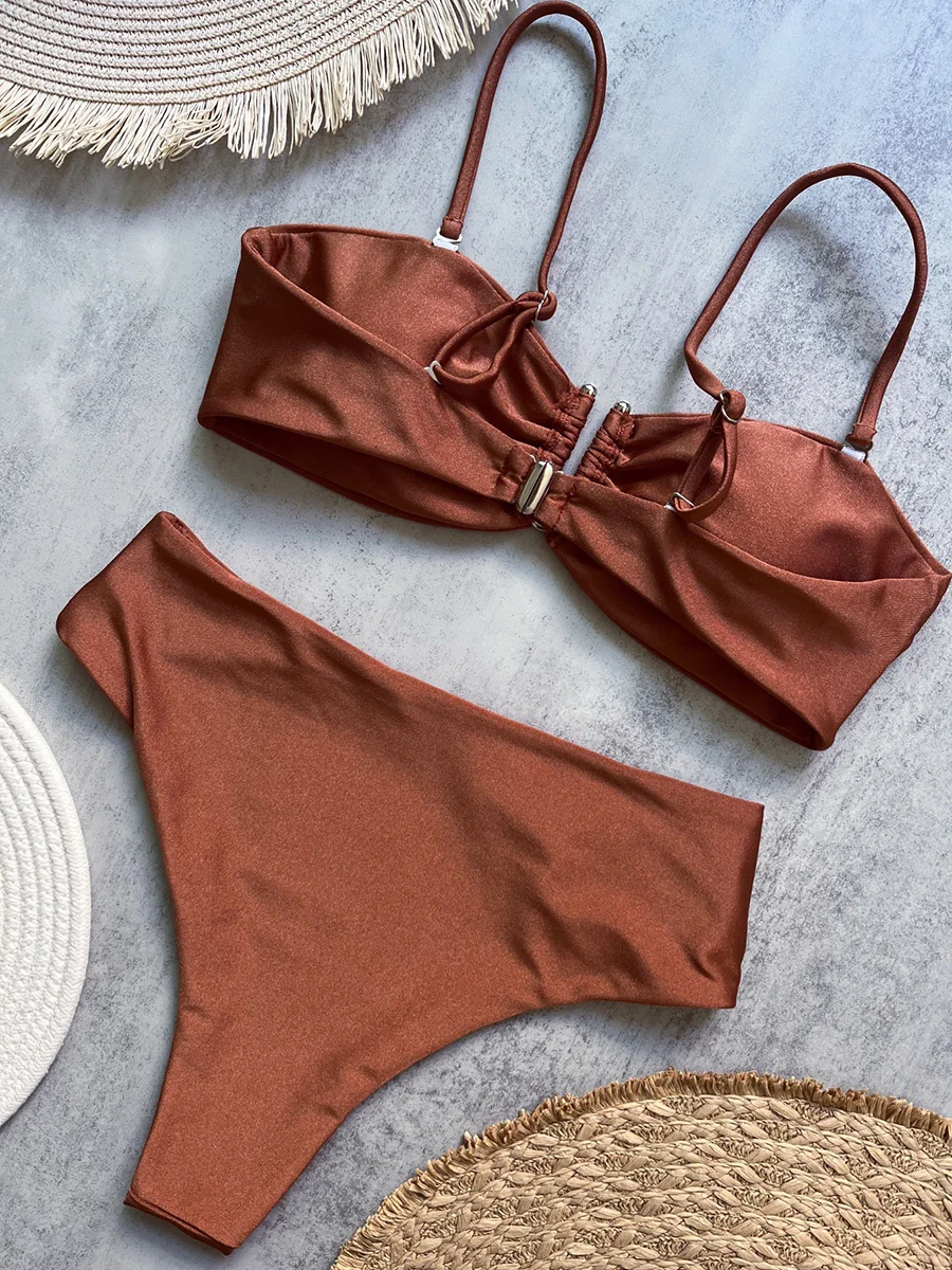 Traje de baño femenino brillante en forma de U, Bikini de cintura alta, traje de baño para mujer, conjunto de Bikini de dos piezas, bañador, traje de baño para nadar para mujer