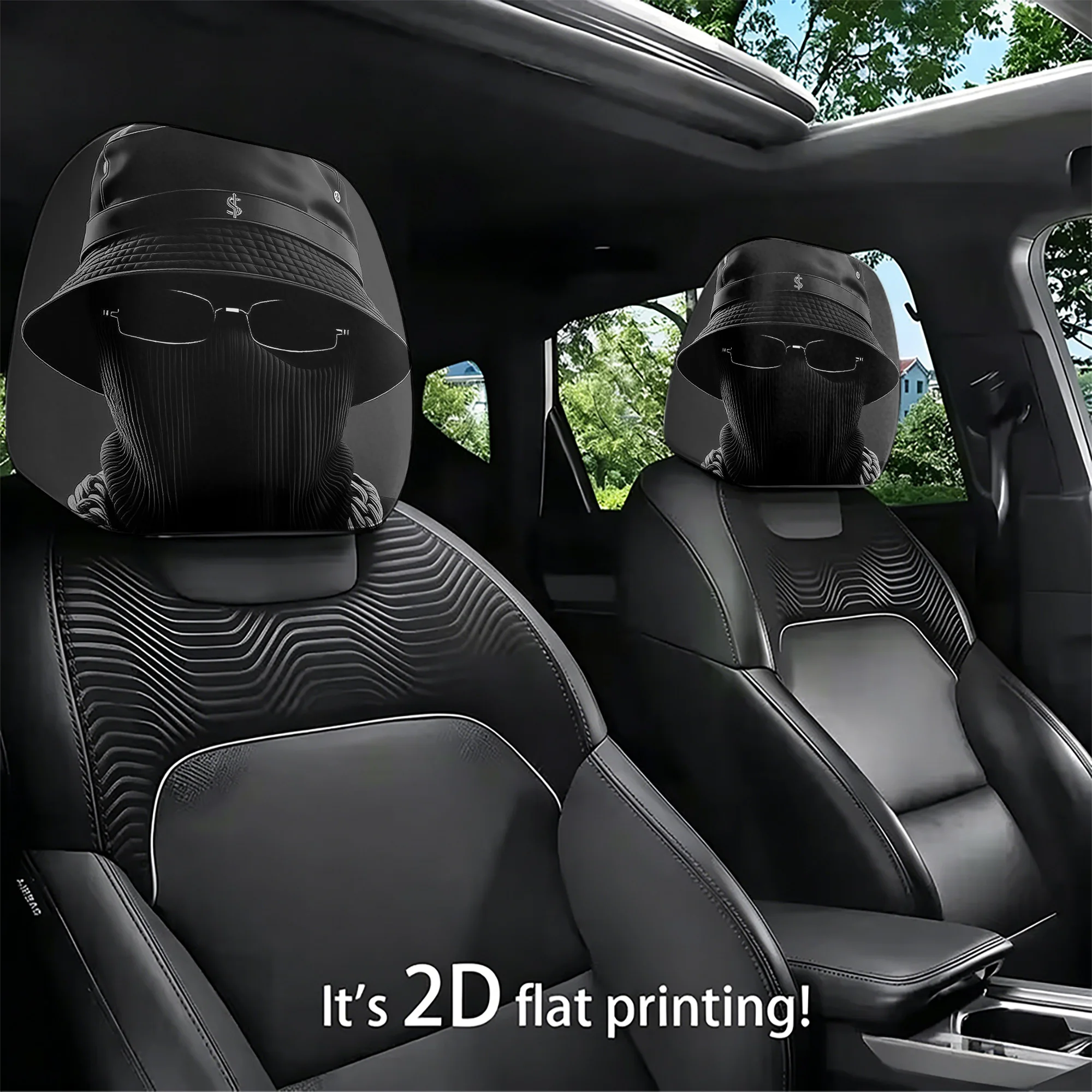 2pcs set of stylish street-style car headrest covers featuring masked figures, creating a cool urban vibe. Does not include stuf