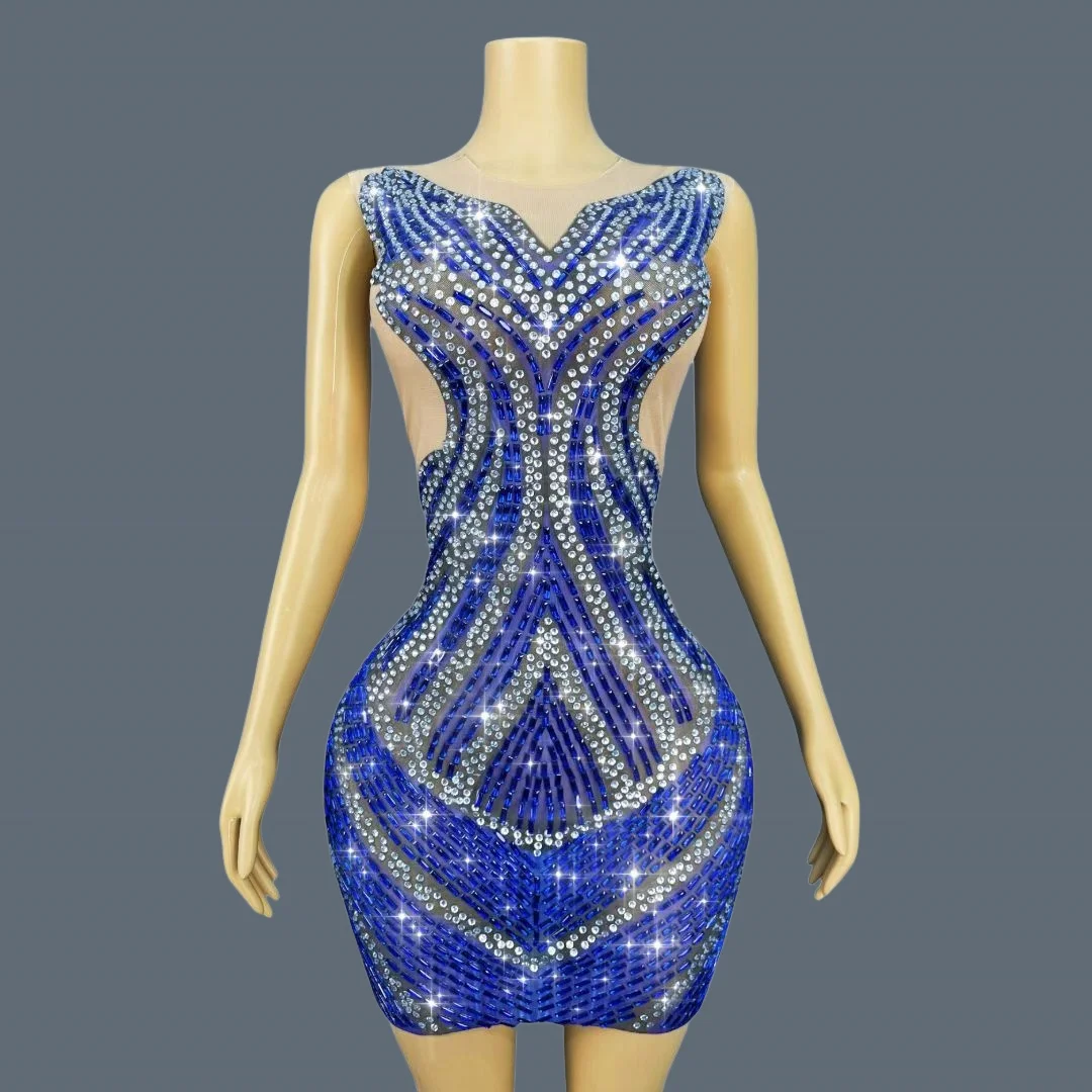 

Sparkling Rhinestone Cocktail Dress Full Blue Crystals Party Luxury Dress Night Club Glamorous See Through Mesh Mini Dress Yelan