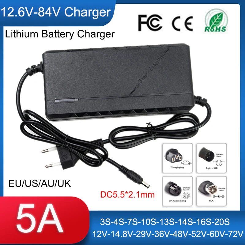 12V 14.8V 29V 36V 48V 52V 60V 72V 3S-20S 5A Lithium Battery Charger AC110V-240V For 12.6V-84V 5A Li-ion Cell smart Fast Charging