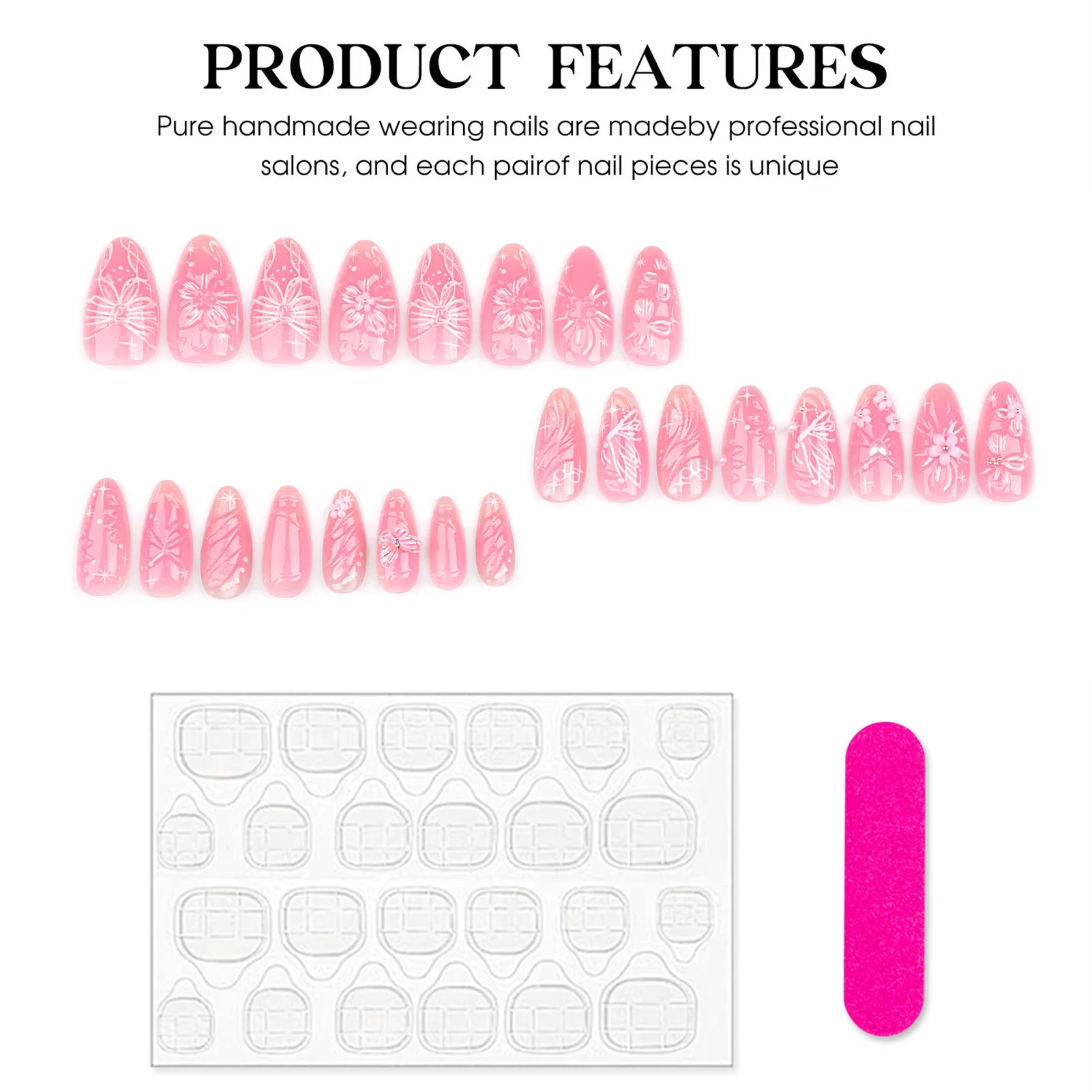 24szt Sweet Pink Fake Nail Patches 3D Flower Bowknots Butterfly Decor Press On Nails Women Girl Wearable False Nail For Party