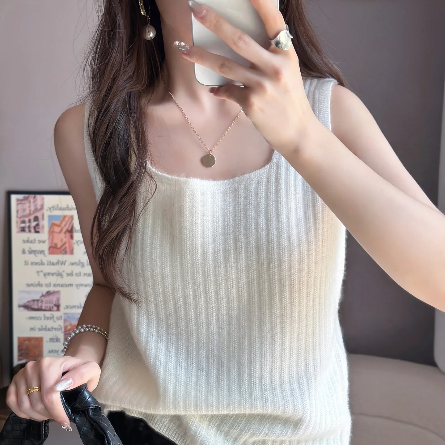 

Women Solid U-Neck Vertical Stripes Tank Camisole Women Four Seasons Basic Elastic Tank Top 100% Wool Soft knitted Tops