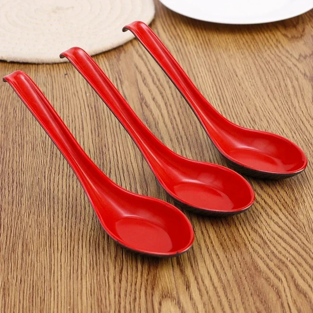 20/1PCS Red Black Soup Spoons Melamine Anti-Shock Plastic Spoon with Hook Dumplings Porridge Dinner Cutlery Restaurant Utensils