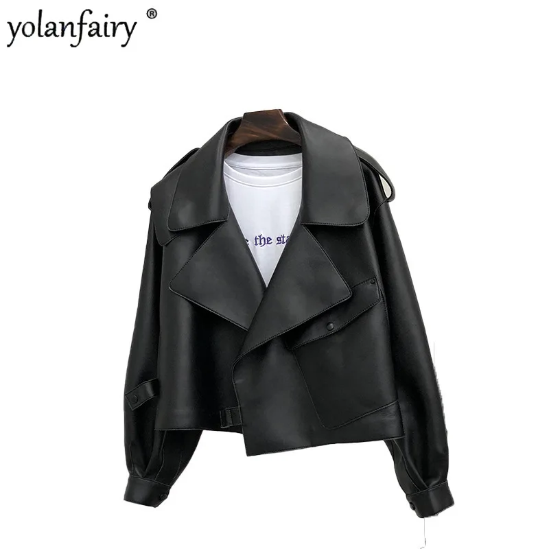 Trendy Large Collar Leather Jacket Women\'s Short Real Sheepskin Trech Coats Female Clothing 2023 New in Outwears Korean Fashion