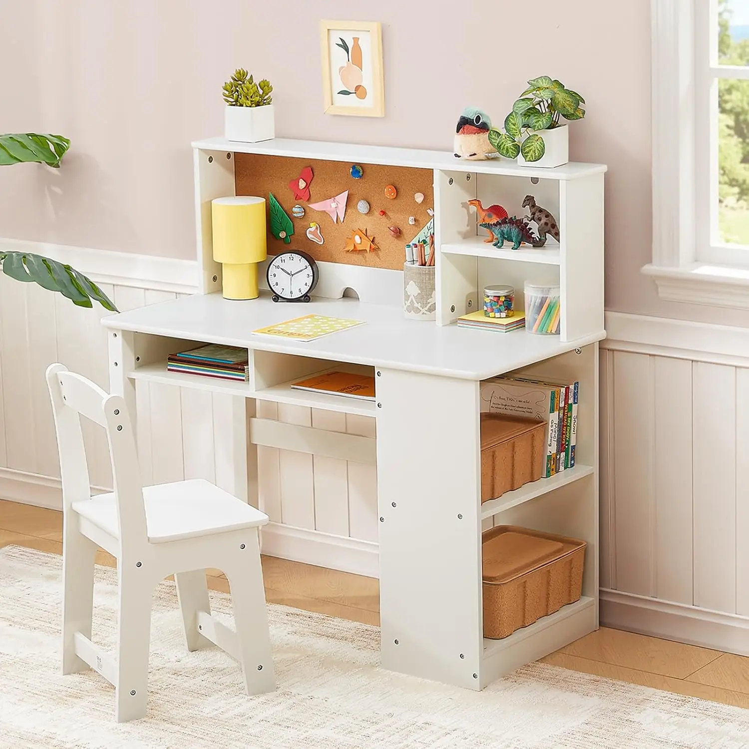

Kids Desk and Chair Set with Bulletin Board, Study Table with Hutch & Storage for Ages 5-12