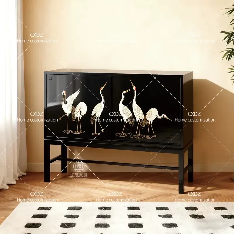 New Chinese Style Crane Pattern Dining Side Cabinet Black Storage Locker Living Room Decorative Cabinet Home Improvement