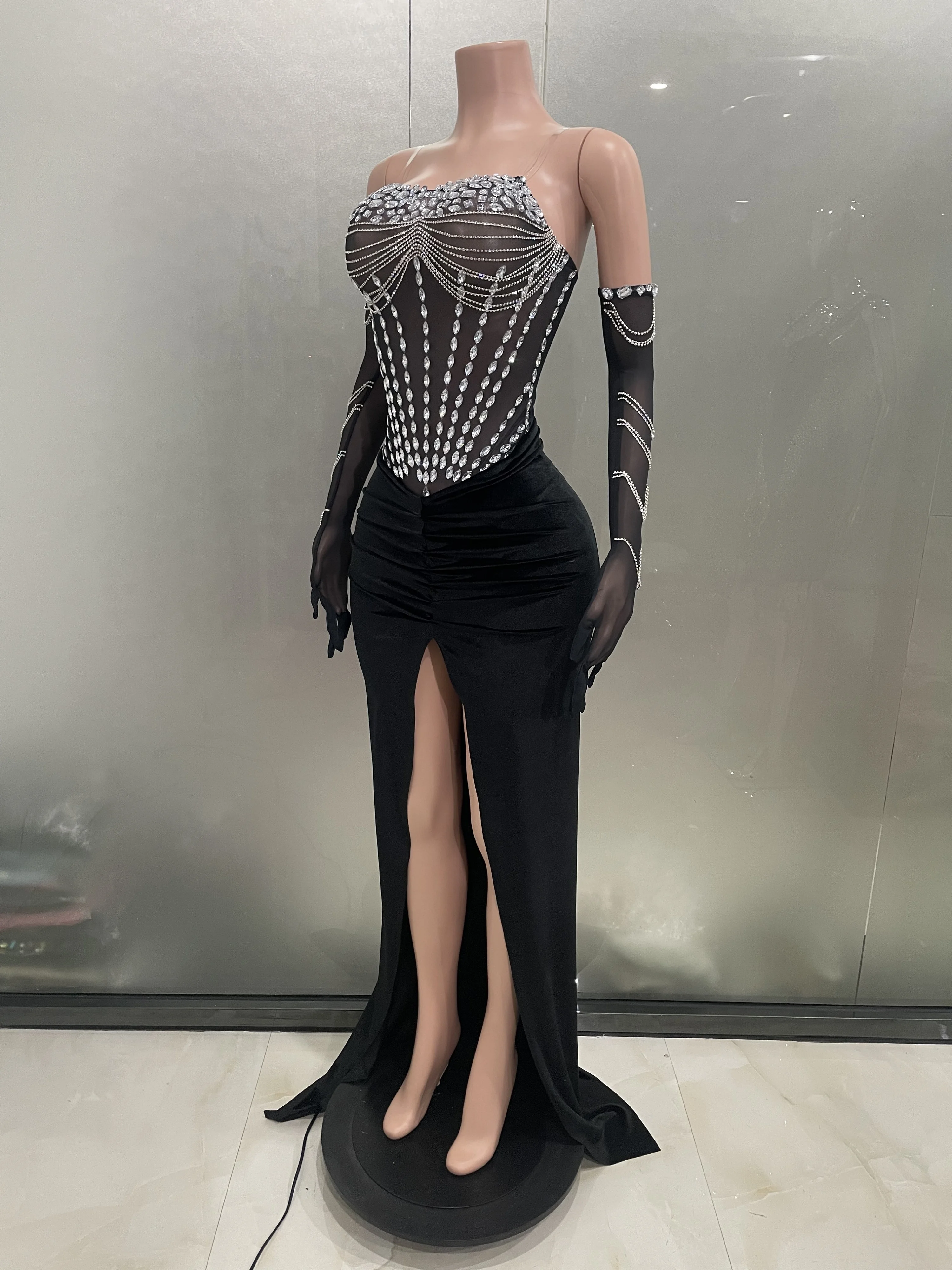 Sparkly Rhinestones Velvet Sexy Mesh Gloves Split Long Dress 2025Women Birthday Celebrate Wedding Gown Photo Shoot Stage Costume