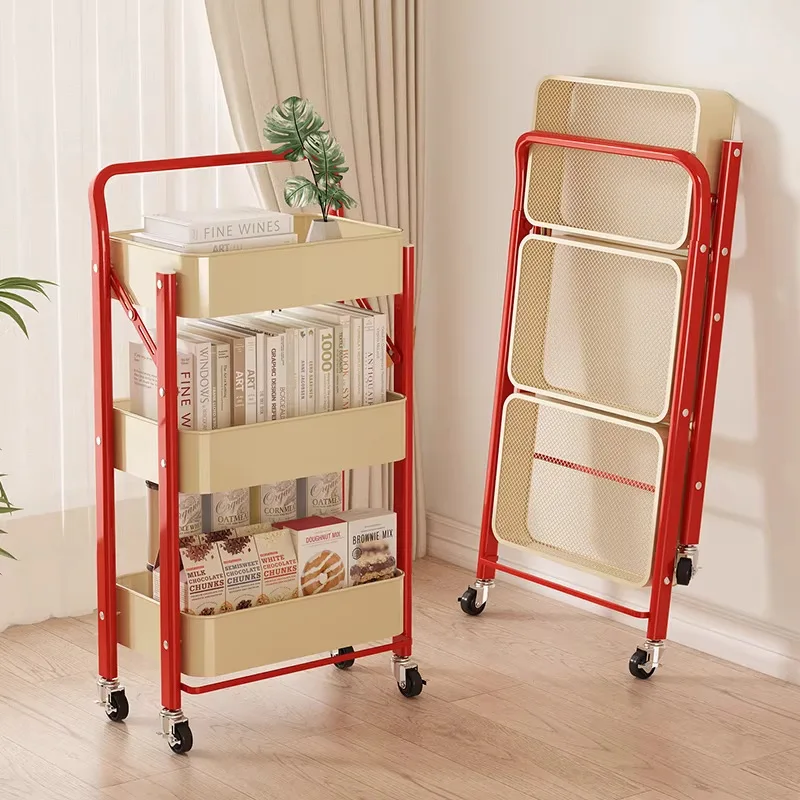 Foldable bookshelf trolley shelf floor mobile wheeled bedroom snack rack kitchen storage shelf
