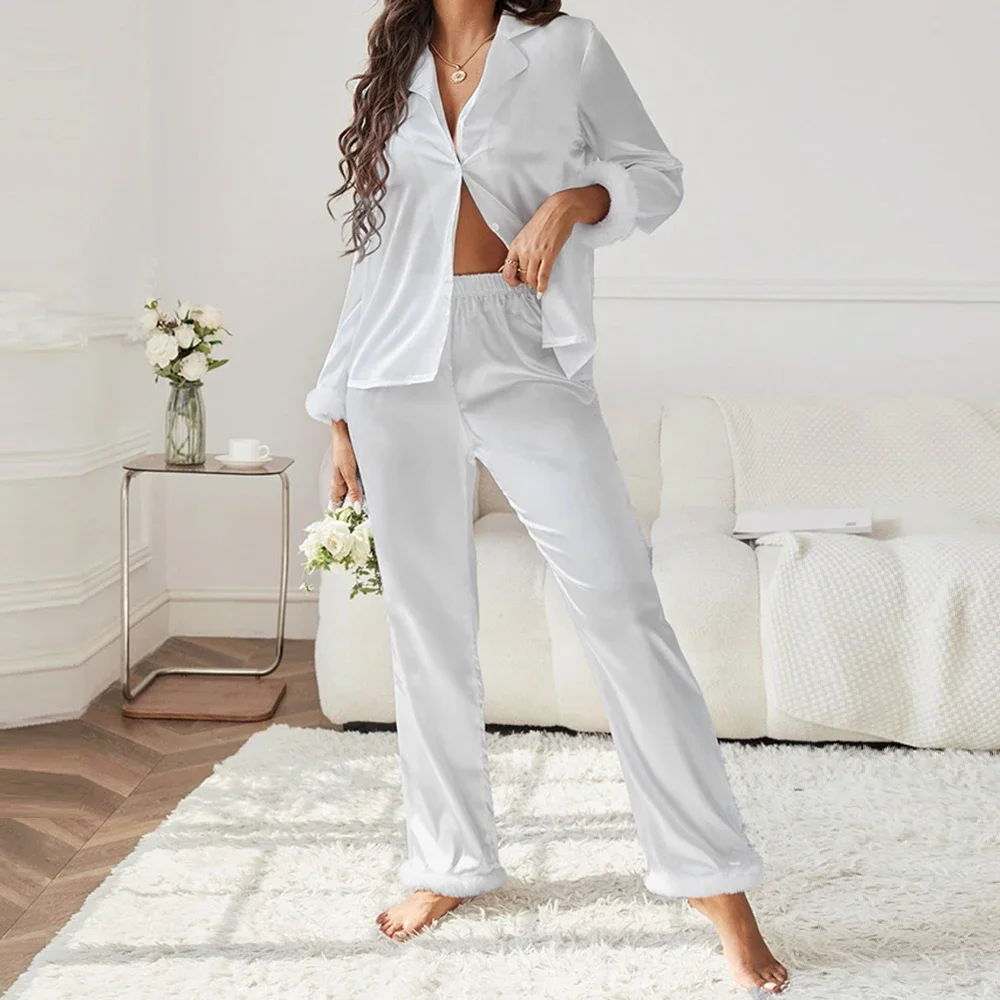 Long Sleeve Long Pant 2-pieces Suit White Bridesmaid Pajamas Evening Dress Satin Lapel Multicolor Elasticity Womens Pajamas Sexy
